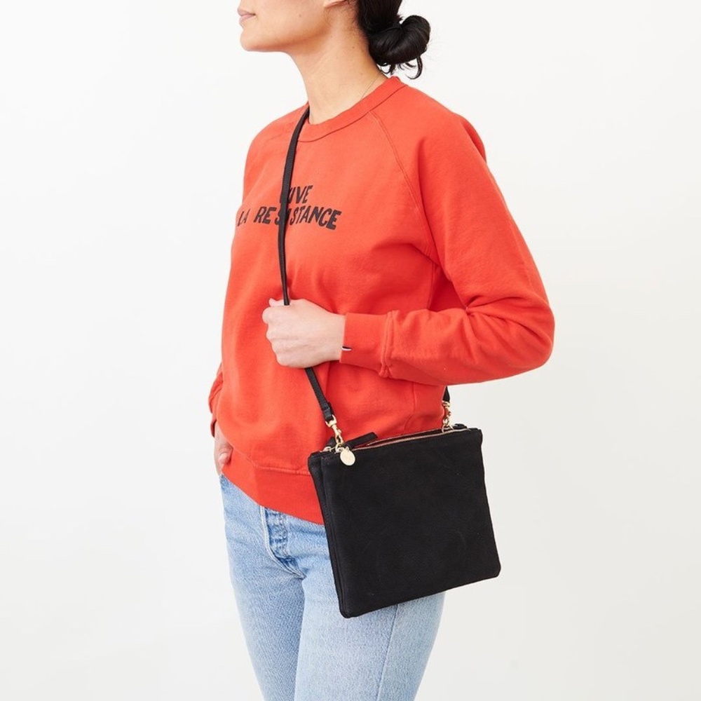 Clare V. Double Sac Bretelle Black shearling and leather crossbody bag